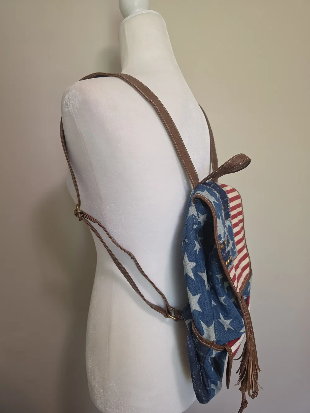 Vintage Unionbay Americana Flag Canvas Backpack Mini Rucksack Tassel Stars
